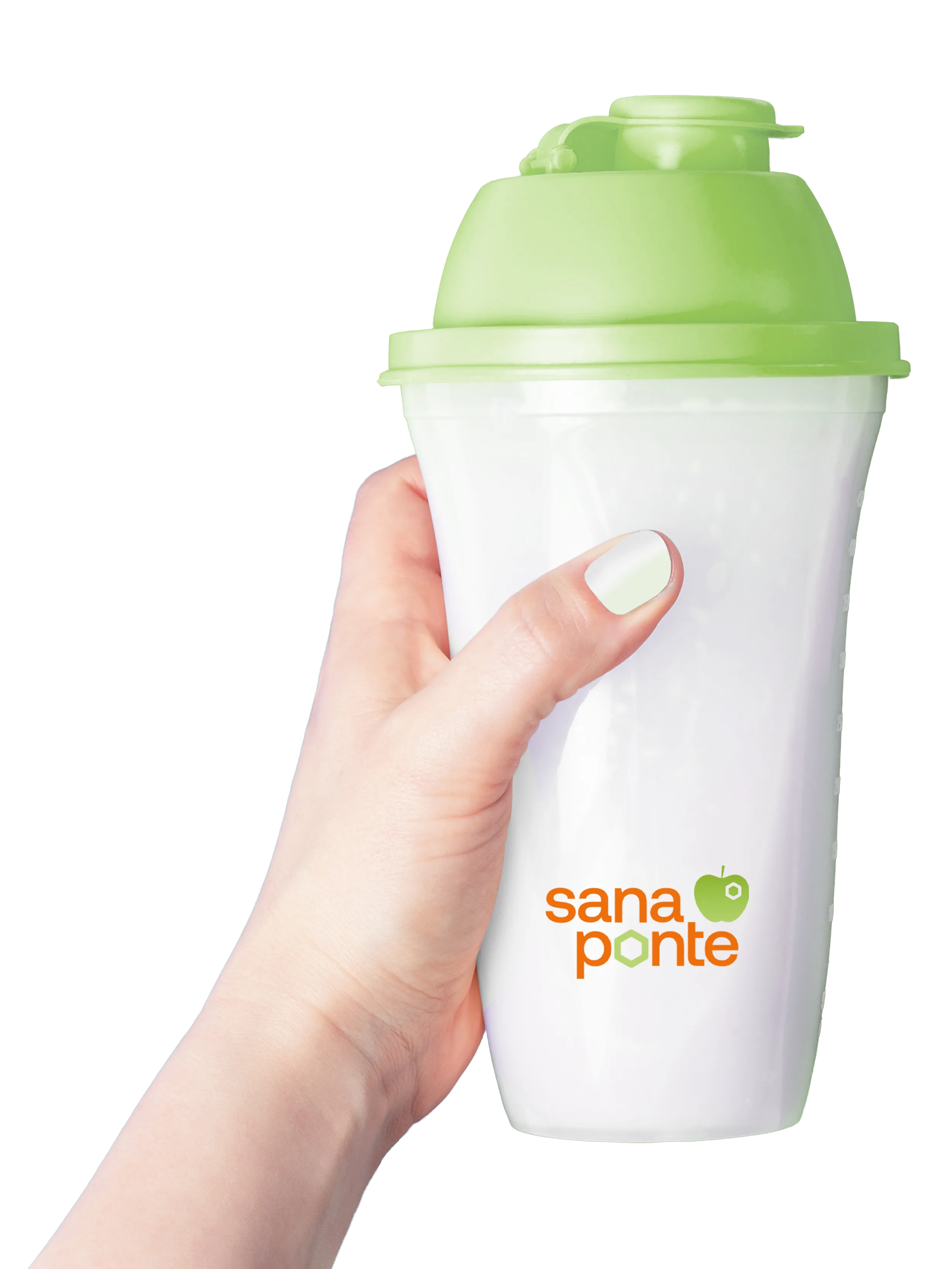 Ein Sanaponte Shaker der mit einer Hand gehalten wird.