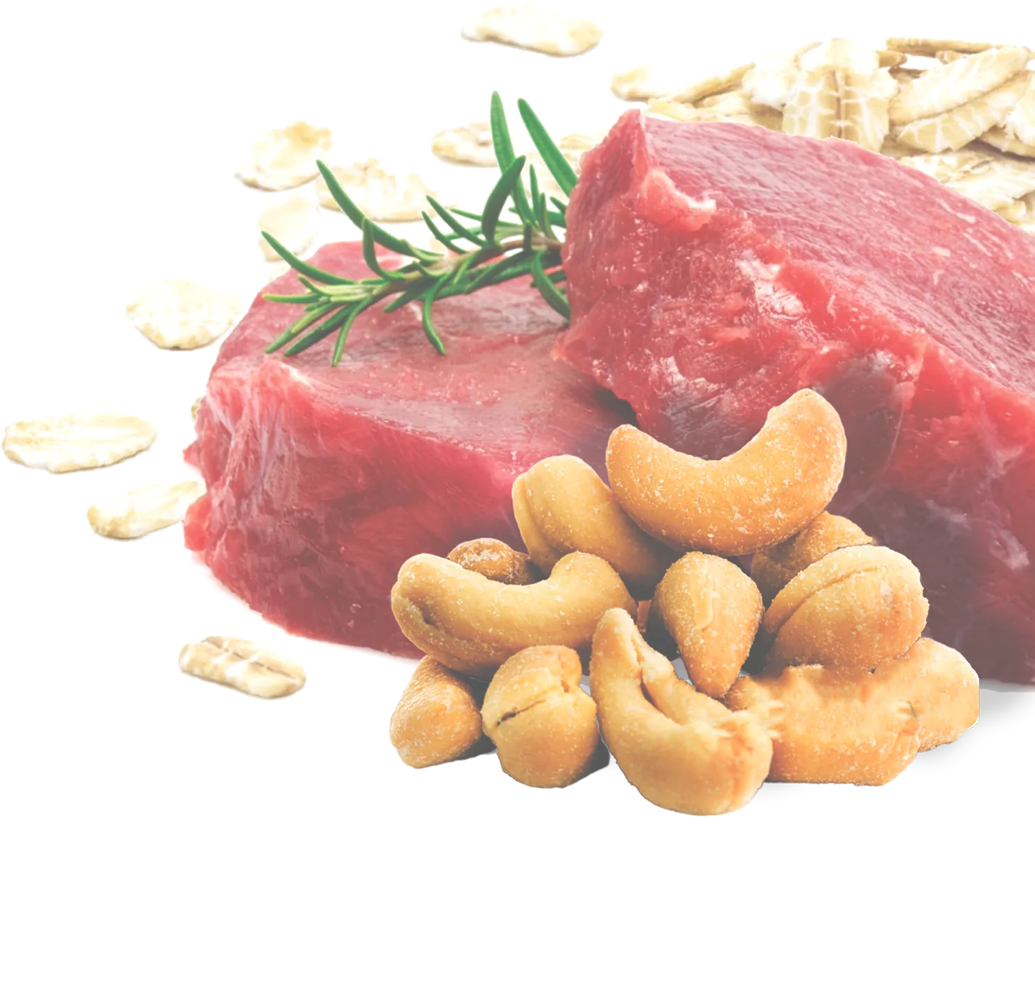Schön angerichtetes rohes Fleisch mit Rosmarien und Nüssen.